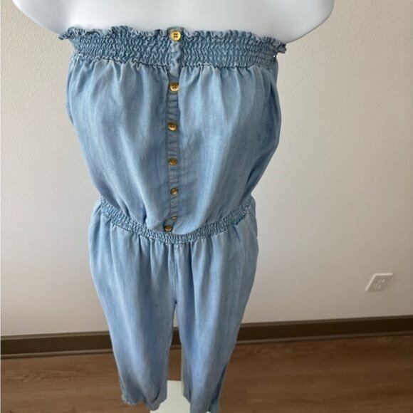 American Rag Jumpsuit Large Strapless Chambray Pocket Festival Boho-Chic Coastal - Picture 2 of 12